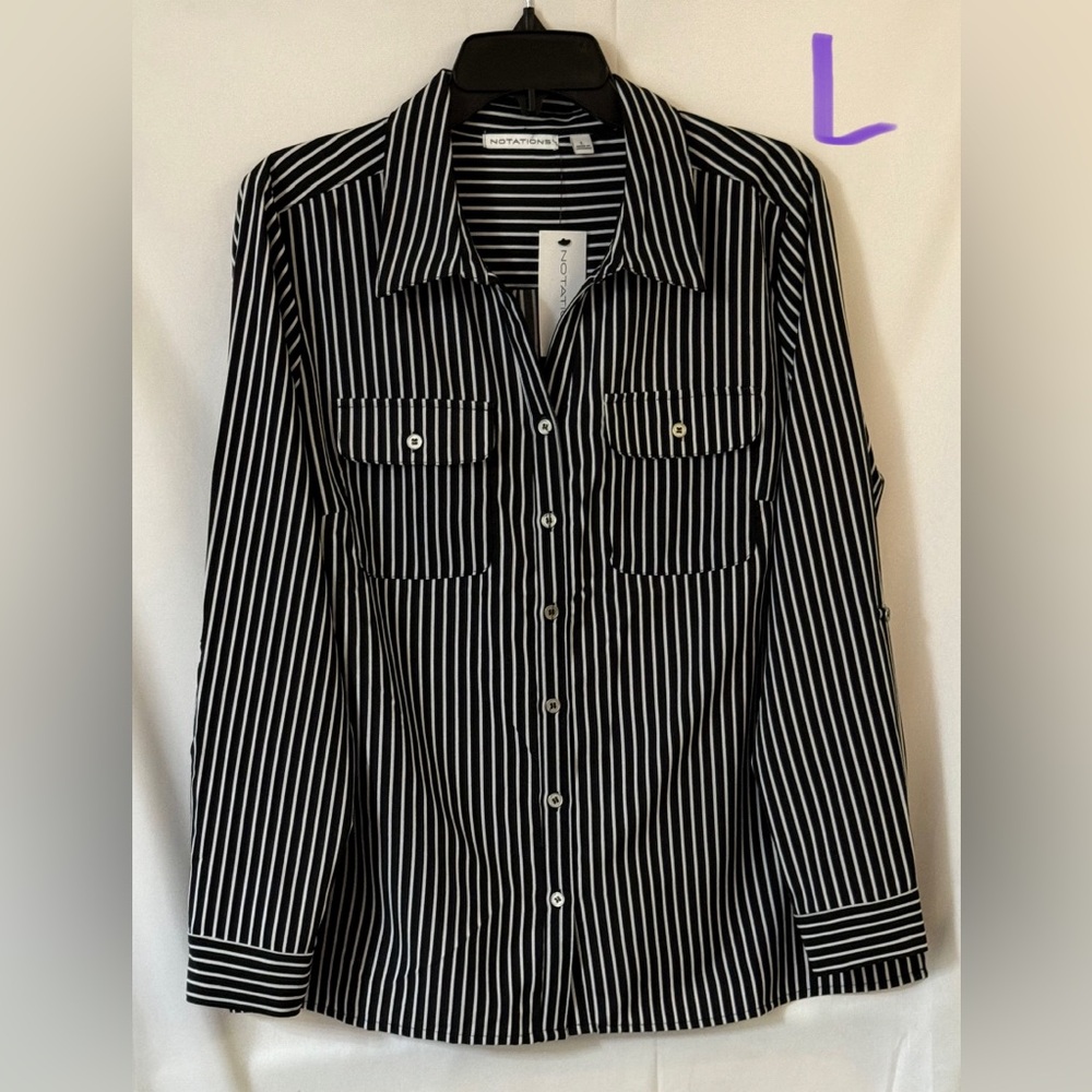 Notations Black and White Striped Button Down Shirt